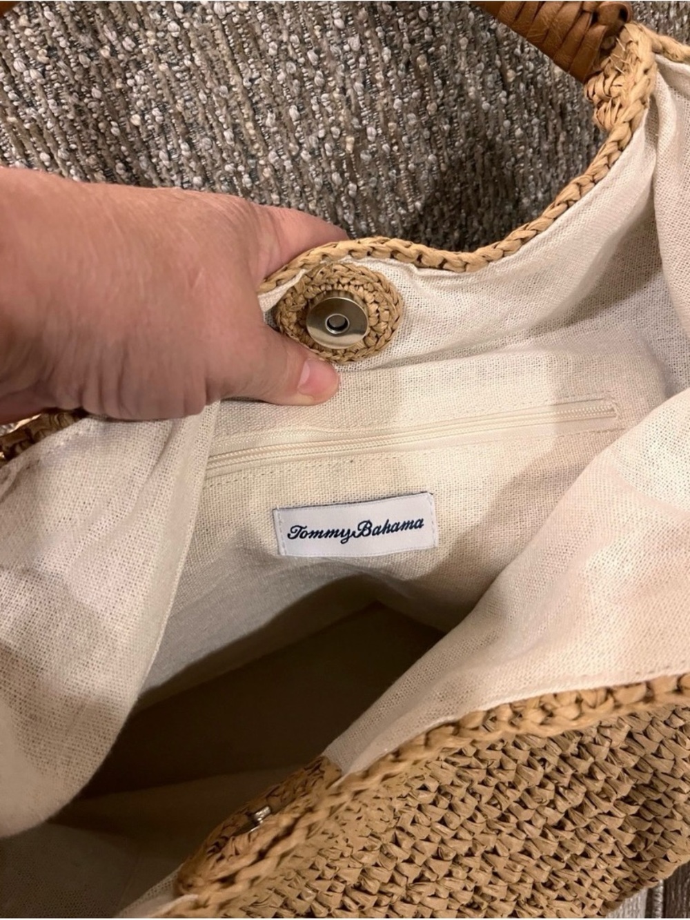 Tommy Bahama Tan Woven Tote with Brown Leather Handles and Tassel - Picture 3 of 4